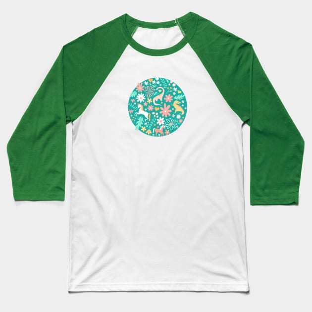 Dinosaurs + Unicorns in Teal Baseball T-Shirt by latheandquill